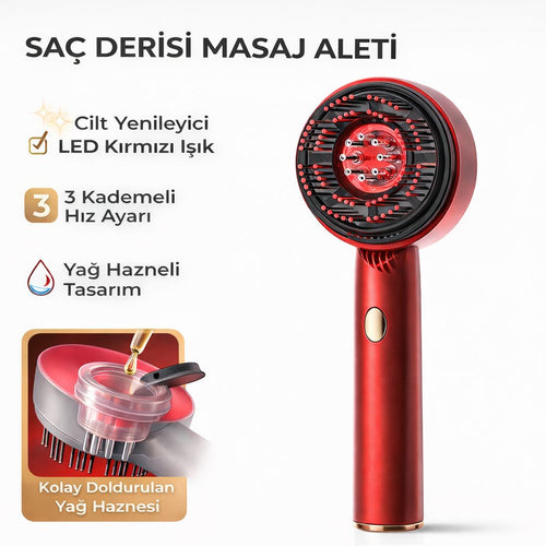 Profesyonel LED Kırmızı Işıklı Saç Derisi Masaj Aleti – Yağ Hazneli & 3 Kademeli